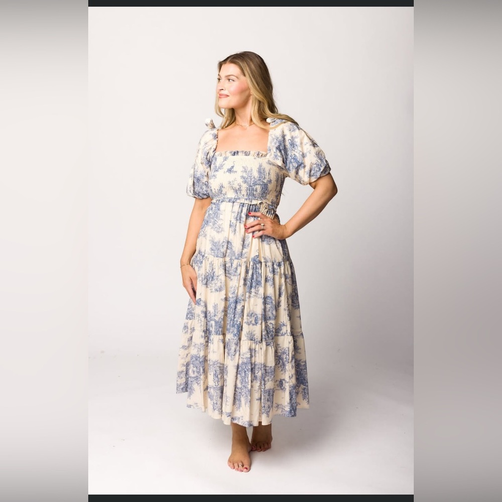 Chic Blue and Cream Midi Dress - Picture 2 of 4